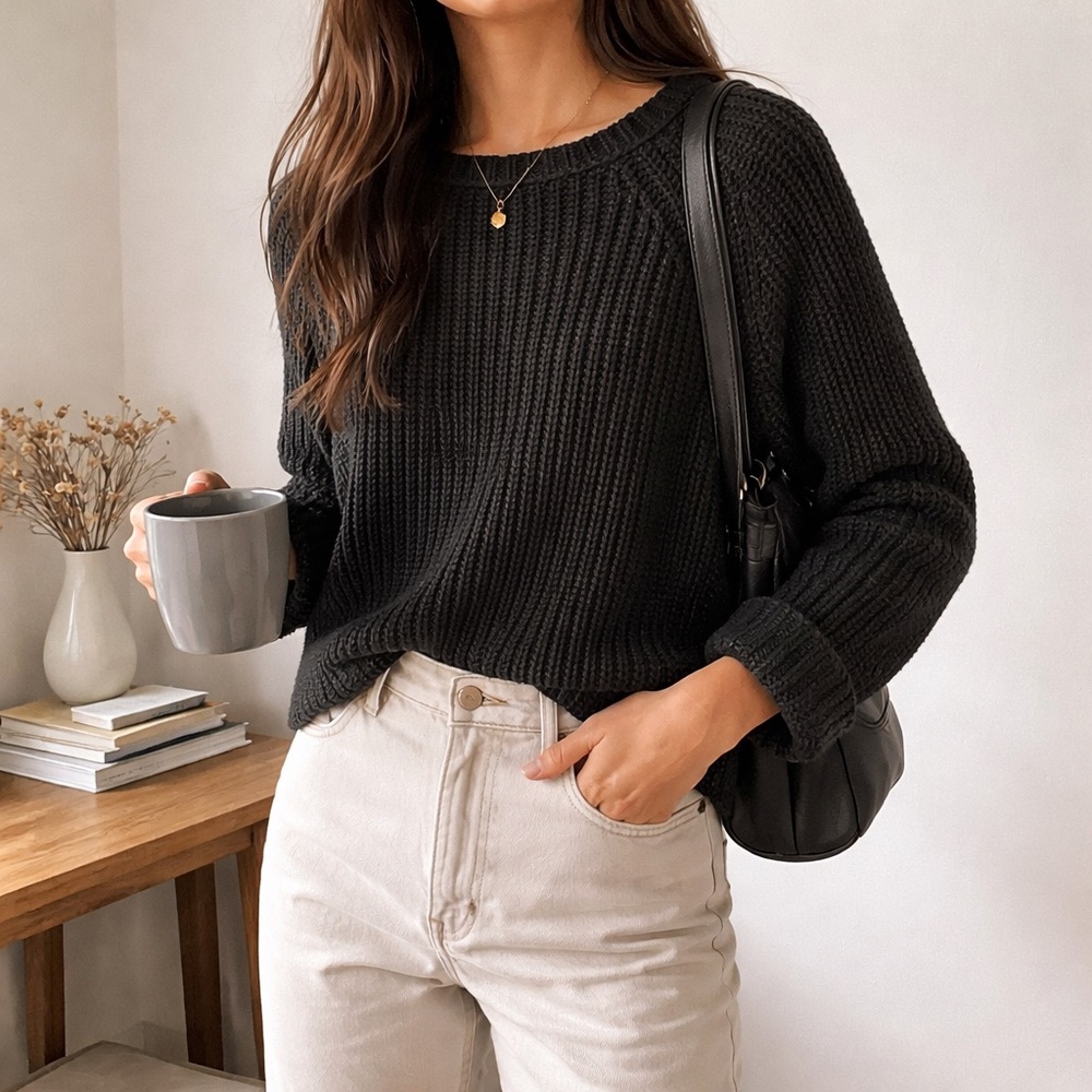Calypso St. Barth Wool Sweater Black‎ Chunky Knit Size M Cozy
